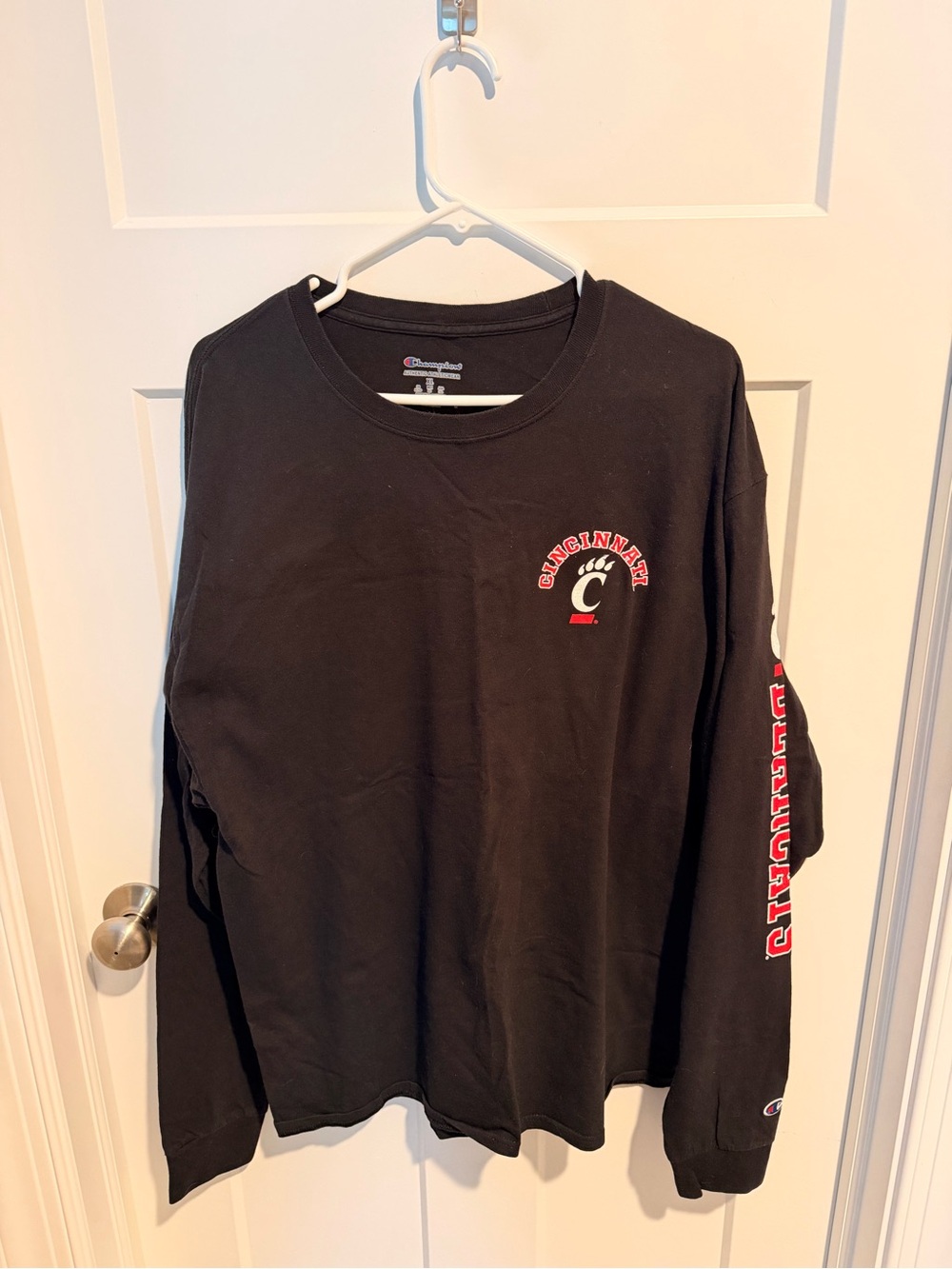 Champion Black Long Sleeve Tee with Red & White Logo